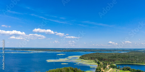 Drone shot on summer lake. Bird-eye view on summer lake.
