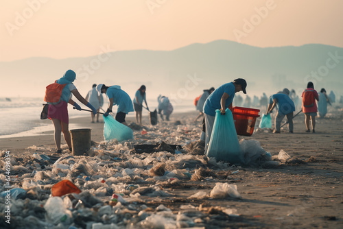 volunteers collect garbage on the beach
