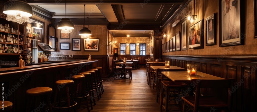 In a cosy vintage pub adorned with abstract art pieces the rustic wood tables and warm lighting create a welcoming and relaxing atmosphere for business meetings and gatherings where people 