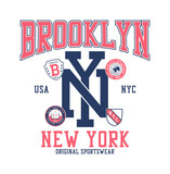 New York, Brooklyn t-shirt design with college patches. NY tee shirt print with patch. Typography graphics for college style apparel and sportswear. Vector illustration.