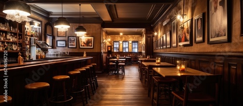 In a cosy vintage pub adorned with abstract art pieces the rustic wood tables and warm lighting create a welcoming and relaxing atmosphere for business meetings and gatherings where people  © TheWaterMeloonProjec