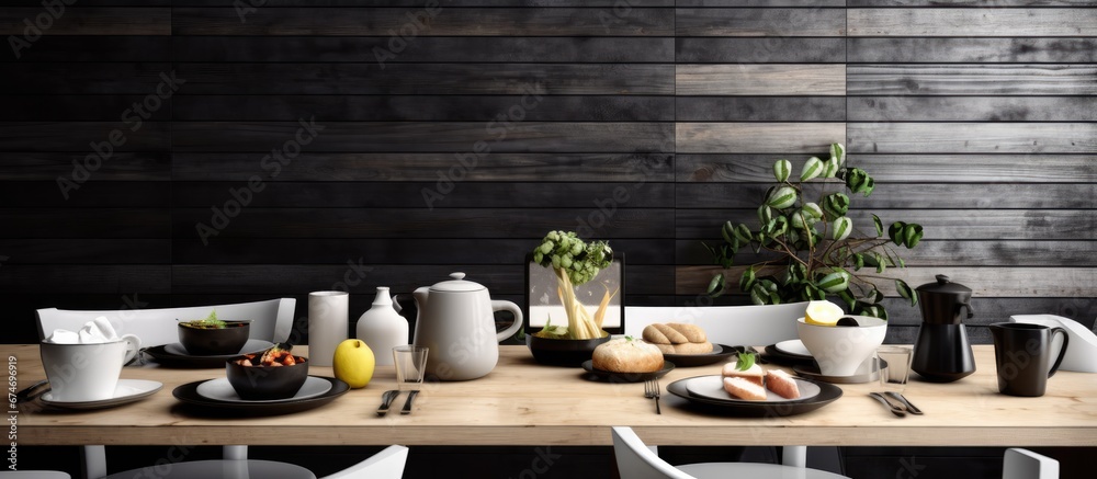 In a white and black isolated cafe the background is adorned with wooden panels creating a natural ambiance The texture of the breakfast food and healthy beverages such as herbal drinks and 