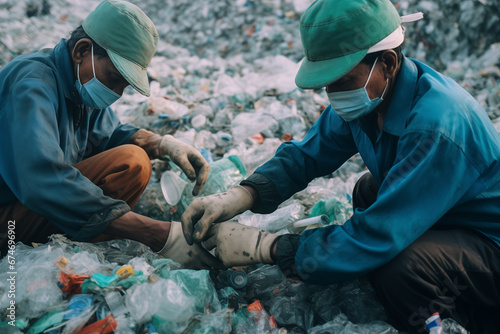 waste recycling factory, workers sort waste