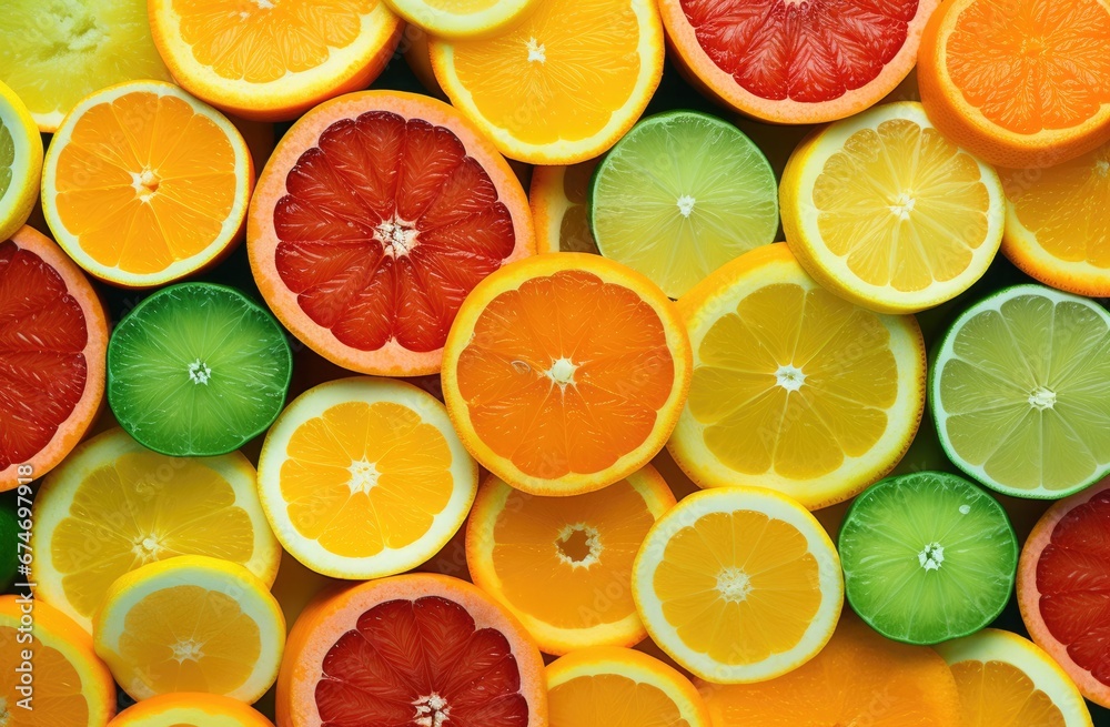 Slices of fresh juicy oranges, sweetie, lemons, grapefruits and limes. Citrus fruits cut pattern. Vibrant color summer design. Flat lay, top view Slices of fresh juicy oranges, sweetie, lemons, grapefruits and limes. Citrus fruits cut pattern. Vibrant color summer design. Flat lay, top view