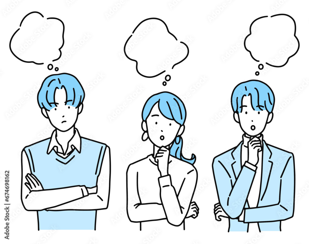 困った表情・悩むビジネスパーソン　男性＆女性(複数)