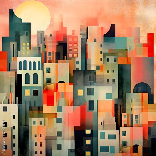 abstract urban background with buildings and moon in the sky - illustration © Iman