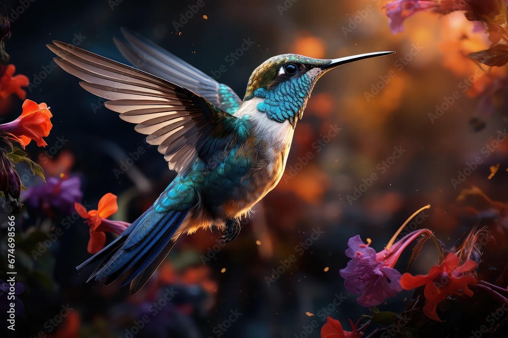 Koliber zbierający pyłek z kwiatów.  - obrazy, fototapety, plakaty 