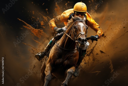 Jeździec konny. Jockey na koniu jadącym po torze wyścigowym. 