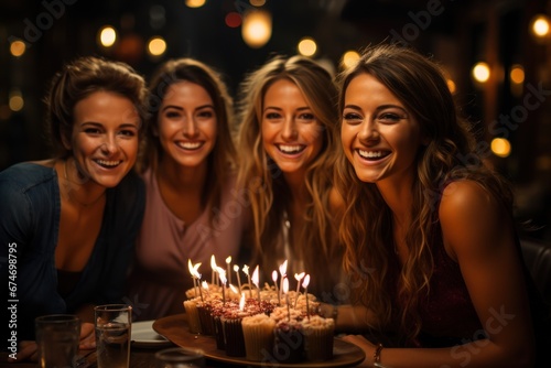 group of young people celebrating birthday with cake and candles in cafe