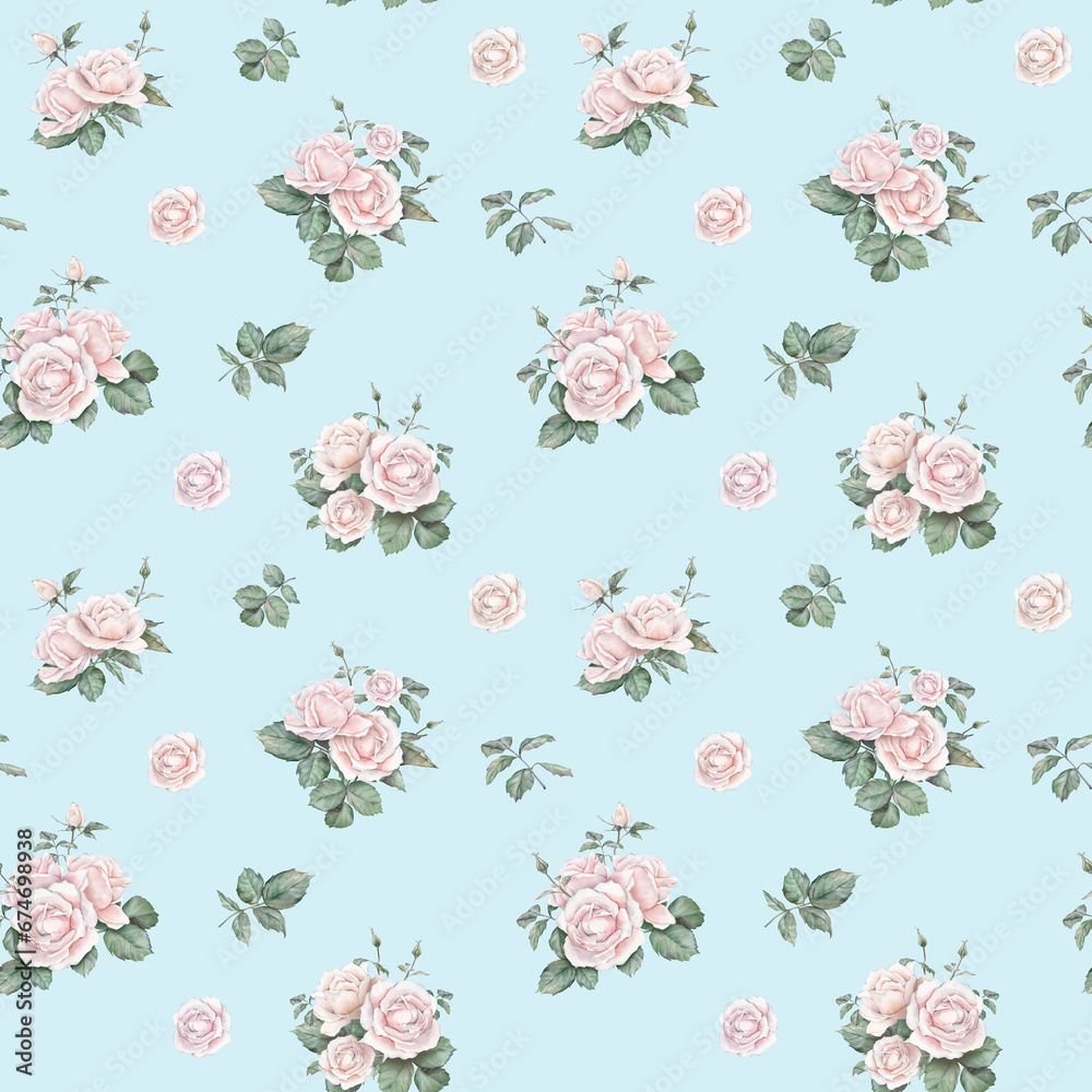 Ligth pink roses seamless pattern. Ligth cream roses arrangement. collection garden flowers and leaves. watercolor hand painting illustration on isolate background. For wedding invitations Ligth pink roses seamless pattern. Ligth cream roses arrangement. collection garden flowers and leaves. watercolor hand painting illustration on isolate background. For wedding invitations