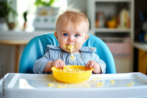 a hungry baby in toddler age is eating their yummy meal on a highchair in a dining room in a house. Generative AI.