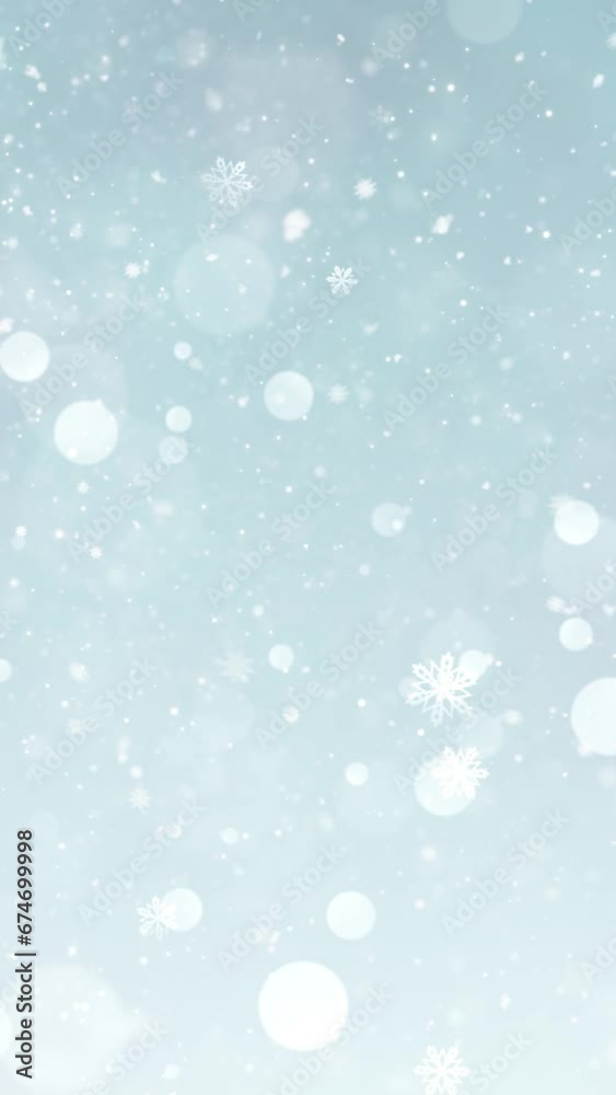 Mobile Vertical Resolution 1080x1920 Pixels, Elegant Christmas Snow and Snowflakes Background with Seamless Loop, Suitable for Christmas, New Year, Winter Promos