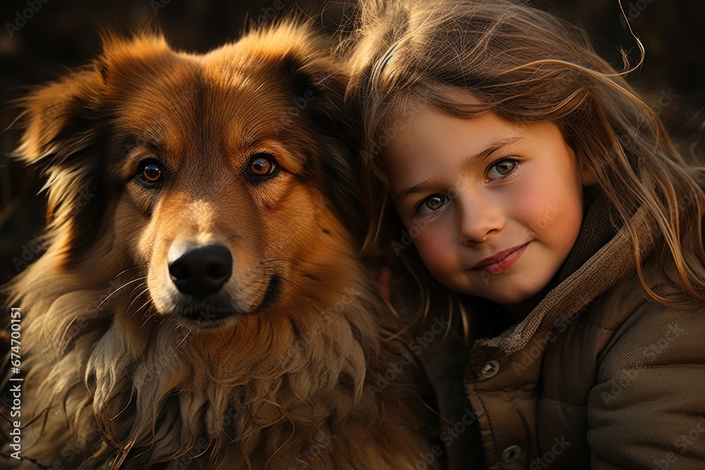 portrait of a girl with a dog, pet and child portrait of a girl with a dog, pet and child