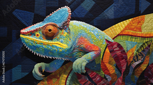 Showcase a detailed portrayal of a chameleon, blending perfectly on a patchwork quilt, its eyes being the only giveaway