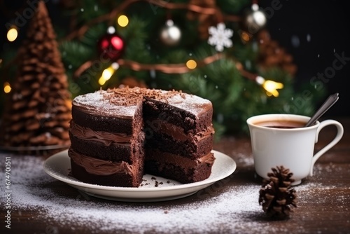 tasty christmas cake and cup of coffee in winter