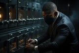 burgling robbing lockers with compartments with man in black mask
