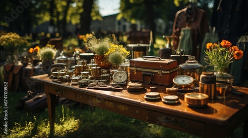 Garage Sale, Vintage and Used Goods on Display at an Afternoon Flea Market on the Greensward - A Treasure Hunt for Antique and Retro Collectibles
 photo