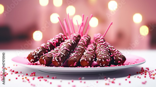 Chocolate dipped pretzel rods with pink heart sprinkles on a plate.