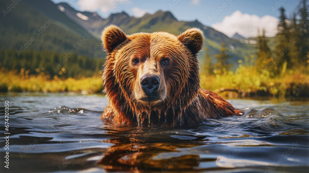 grizzly bear swimming in the river. Generative AI grizzly bear swimming in the river. Generative AI