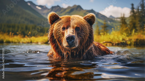 grizzly bear swimming in the river. Generative AI