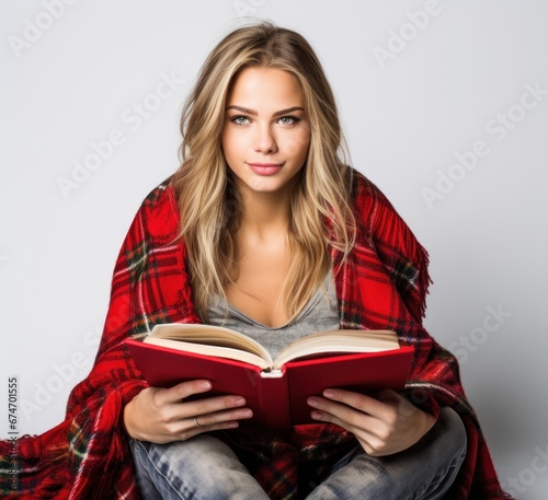 Model in red plaid scarf with book on white background for Christmas