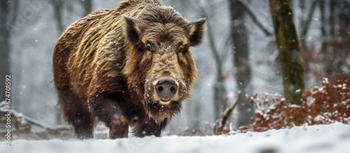 In Europe during the winter season the brown boar also known as Sus scrofa roams freely in the wild This big majestic animal thrives in the snowy forests showcasing the beauty of nature and 