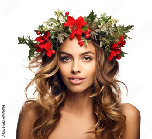 Christmas woman with mistletoe and holiday wreath on white background