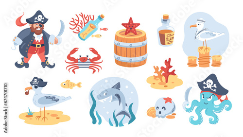 Childrens pirate set. Set of cartoon characters. Ship captain with hook and cocked hat. Octopus with a saber. Shark and seagull sailors, crab in vest, skull, barrel and starfish. Bottle, rum, corals photo