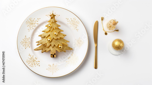 A festive table setting with Christmas tree in the center of a white plate adorned with golden snowflake patterns