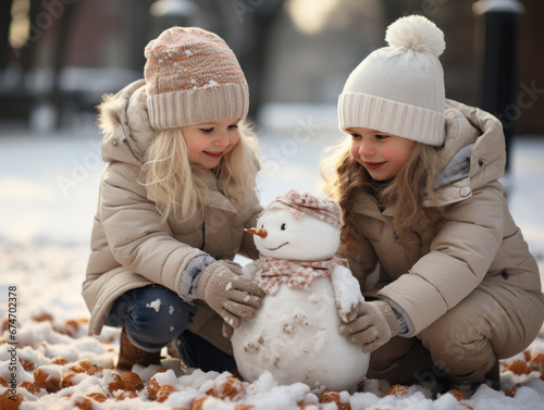 deux jeunes enfants jouant dans la neige en hiver, ils construisent ensemble un bonhomme de neige photo