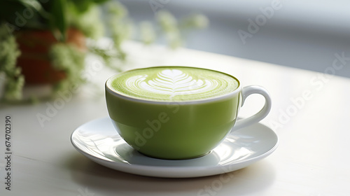 Matcha latte in a mug with latte art on a sunny day on white table.