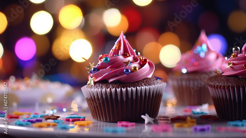 New Years Eve party cupcakes with vanilla and chocolate frosting and festive sprinkles. © Santy Hong