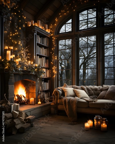 Cozy living room with fireplace and christmas tree. Cozy winter evening.