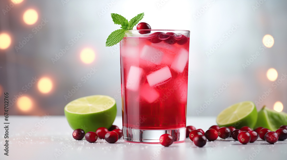 Refreshing cranberry cocktail or mocktail with lime, winter drink idea. Refreshing cranberry cocktail or mocktail with lime, winter drink idea.