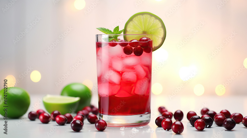 Refreshing cranberry cocktail or mocktail with lime, winter drink idea. Refreshing cranberry cocktail or mocktail with lime, winter drink idea.