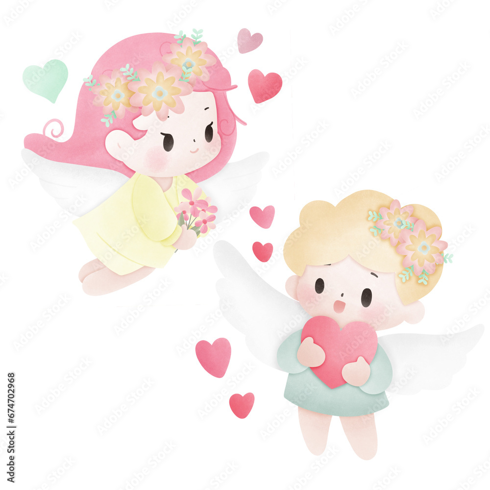 Sweet Cupid and angel send love for valentine's day