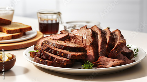 Sliced smoked brisket on a serving plate with toast. photo