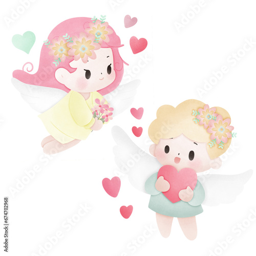 Sweet Cupid and angel send love for valentine s day
