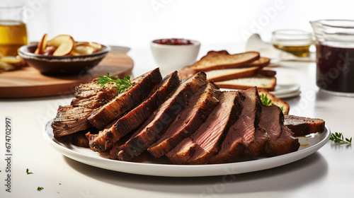 Sliced smoked brisket on a serving plate with toast.