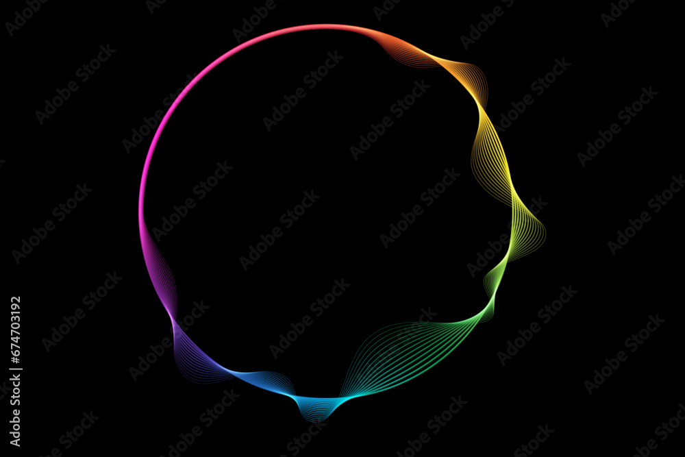 Vector abstract circles lines wavy in round frame colorful rainbow isolated on black background with empty space for text - obrazy, fototapety, plakaty 