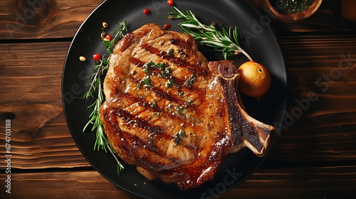 Grilled or pan fried pork chops on the bone, wood table background.
