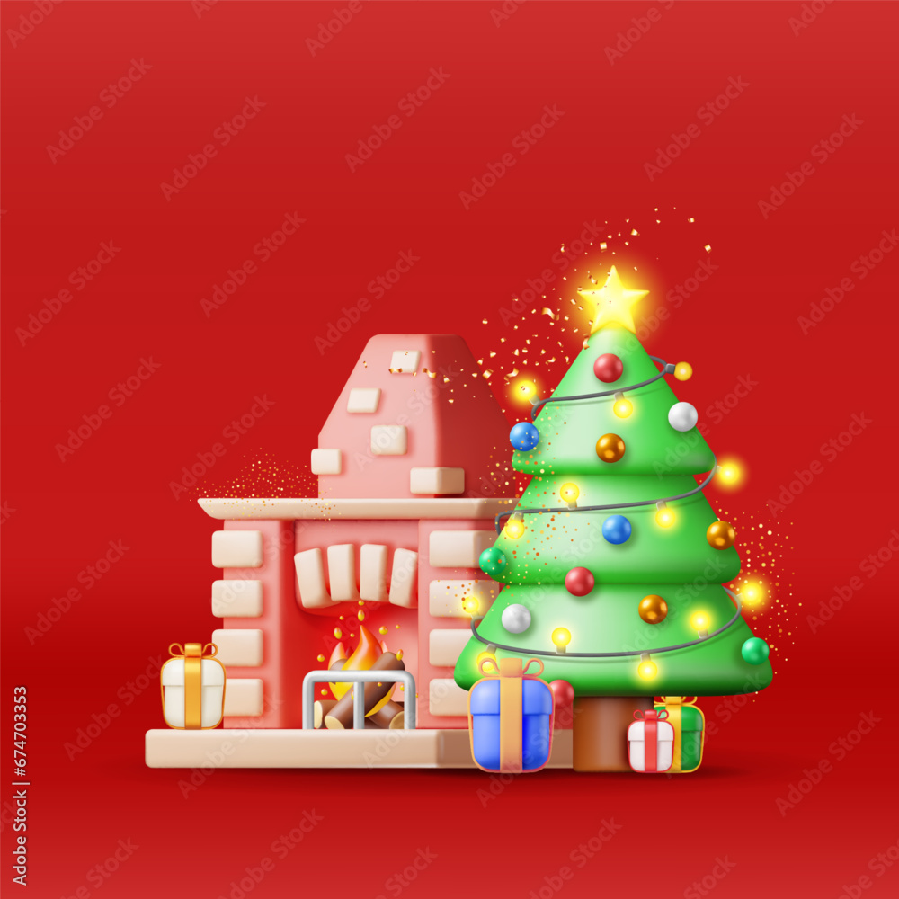 3D Red Brick New Year Fireplace Isolated. Render Christmas Decorated Fireplace with Socks, Tree, Gifts. Happy New Year Decoration. Christmas Holiday. New Year and Xmas Celebration. Vector Illustration