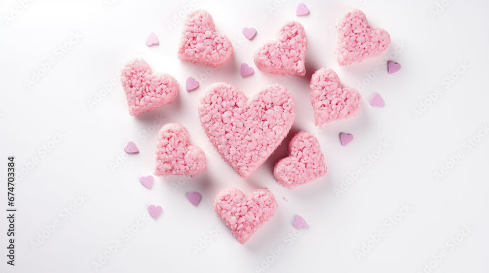 Obraz premium Pink heart shaped rice krispie treats served with milk, isolated on white background.