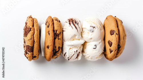 Ice cream sandwiches with chocolate chip cookies and vanilla ice cream.