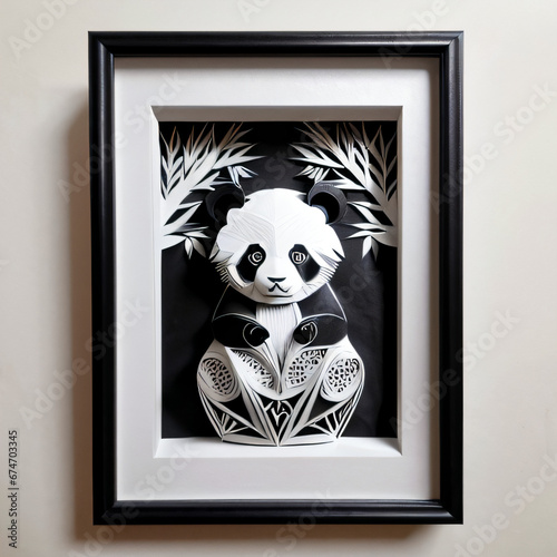 paper art style illustration of a panda with cherry blossoms