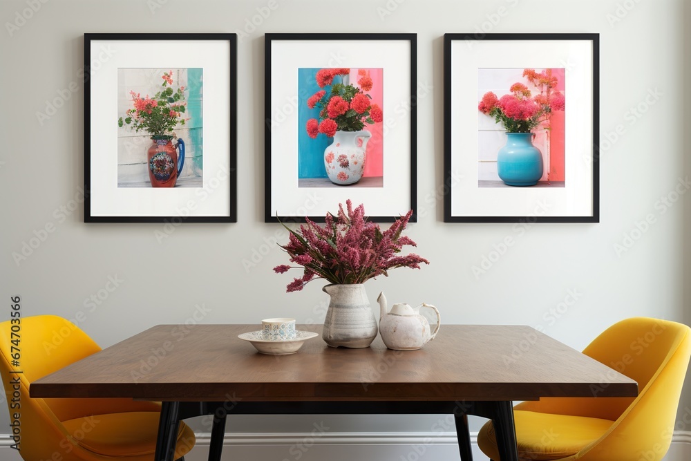 dining room , colorful walls, 2 -3 framed prints above bed, light neutrals with pops of bright pink, blue dining room , colorful walls, 2 -3 framed prints above bed, light neutrals with pops of bright pink, blue