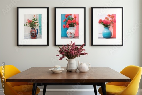 dining room   colorful walls  2 -3 framed prints above bed  light neutrals with pops of bright pink  blue