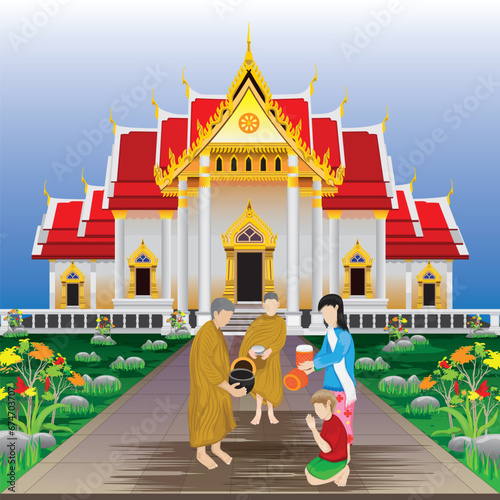 Buddhist monks going for alms in the morning vector design