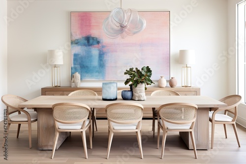 dining room  blank walls neutral colors with pops of bright pink and blue  large artwork behind the table