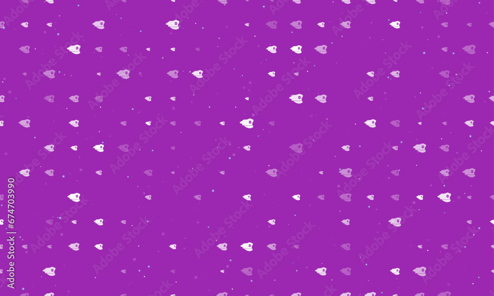 Seamless background pattern of evenly spaced white police cap symbols of different sizes and opacity. Vector illustration on purple background with stars